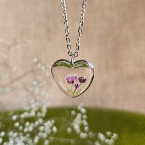Srebrna zawieszka serce serduszko srebrny wisiorek naszyjnik żywica z żywicy kwiaty z kwiatami retro naturalna dziewczęca kobieca fioletowa