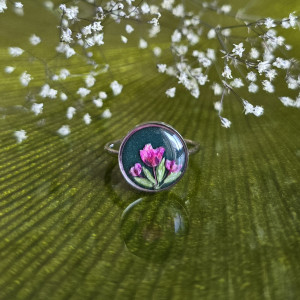 Srebrny pierścionek regulowany kwiaty z kwiatami kwiatem duży różowa gipsówka