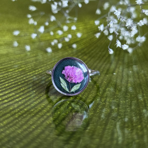 Srebrny pierścionek regulowany kwiaty z kwiatami kwiatem duży różowa gipsówka