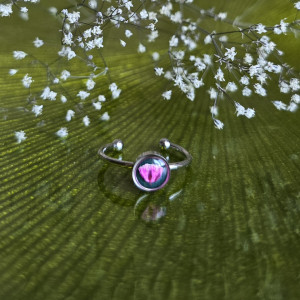 Srebrny pierścionek zielony brokat prawdziwy kwiat gipsówka