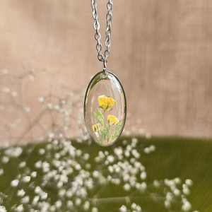 Srebrna zawieszka srebrny wisiorek naszyjnik żywica z żywicy kwiaty z kwiatami jajowata retro naturalna dziewczęca kobieca gipsówka