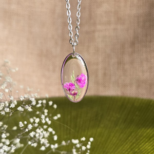 Srebrna zawieszka srebrny wisiorek naszyjnik żywica z żywicy kwiaty z kwiatami jajowata retro naturalna dziewczęca kobieca gipsówka