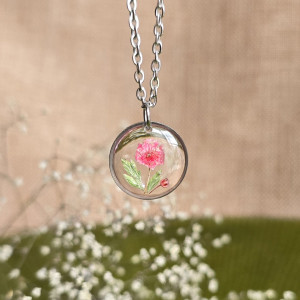 Srebrna zawieszka srebrny wisiorek naszyjnik żywica z żywicy kwiaty z kwiatami retro naturalna dziewczęca kobieca gipsówka