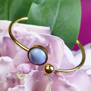 Elastyczna elegancka stalowa złota bransoletka - agat pasiasty #51