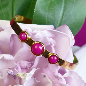 Elegancka stalowa złota bransoletka - różowy jadeit #58