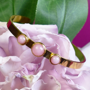 Elegancka stalowa złota bransoletka - różowy jadeit #65