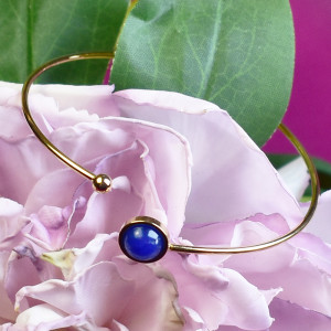 Elastyczna elegancka stalowa złota bransoletka - niebieski jadeit #85