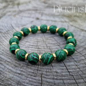 Piękna bransoletka z malachitu z pozłacanymi przekładkami
