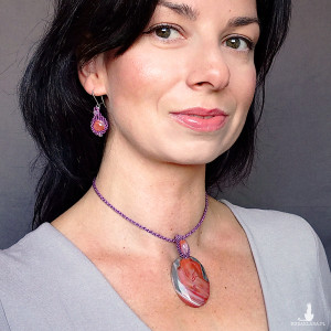 Pastelowy Fraktal - agat i topaz w makramie naszyjnik i kolczyki bigle srebrne 925 mikro makrama