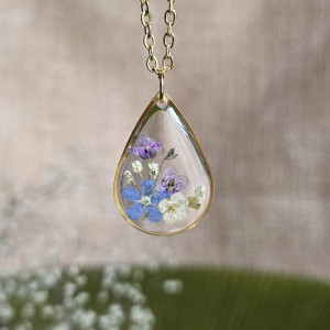 Bukiet kwiatowy łąka Złota zawieszka złoty wisiorek kwiat naszyjnik żywica z żywicy kwiaty łezka łza niezapominajki
