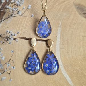 Komplet kolczyki złota zawieszka złoty wisiorek wisior naszyjnik żywica kwiaty z prawdziwymi kwiatami niebieskie niezapominajki niezapominajkami