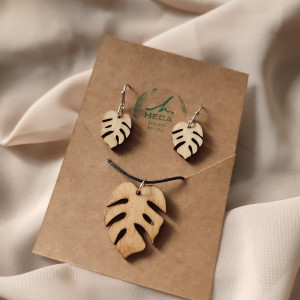 Kolczyki liść liście monstery monstera + zawieczka kolor jasny brąz HANDMADE