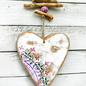 Duże drewniane serce, białe - zawieszka, ozdoba, dekoracja ręcznie malowana