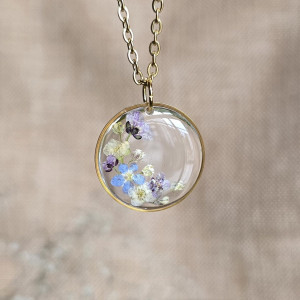 Bukiet kwiatowy łąka Złota zawieszka złoty wisiorek kwiat naszyjnik żywica z żywicy kwiaty niezapominajki