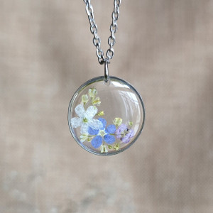 Biała niezapominajki bukiet kwiatowy łąka srebrna zawieszka srebrny wisiorek kwiat naszyjnik żywica z żywicy kwiaty niezapominajki