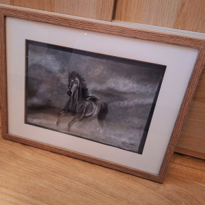 Unikalny rysunek węglem przedstawiający konia maści jabłkowitej w kurzawie