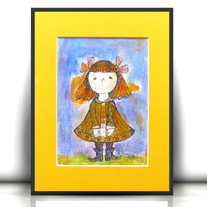 dziewczynka rysunek A4, obrazek dla dziewczynki, akwarela z dziewczynką, malowny ręcznie obraz z dziewczynką, chrzest prezent dla dziewczynki, komunia prezent dziewczynka