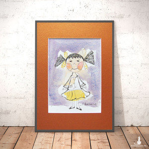 dziewczynka rysunek A4, obrazek dla dziewczynki, malowany ręcznie obraz z dziewczynką, obrazek do pokoju dziewczynki, rysunek do dziecięcego pokoju, bajkowa grafika na ścianę