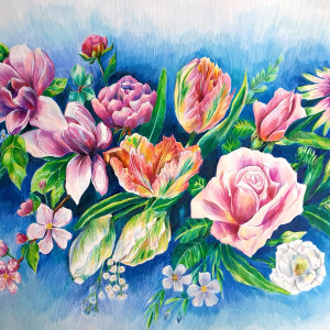 Obraz ręcznie rysowany kredkami kwiaty " Burza kwiatów"