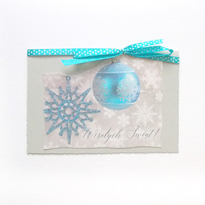 Boże Narodzenie kartka z bombką, kartki na Nowy Rok, świąteczne kartki bez życzeń, noworoczne kartki, bombki kartki na Święta, szaro turkusowa kartka z okazji świąt Bożego Narodzenia