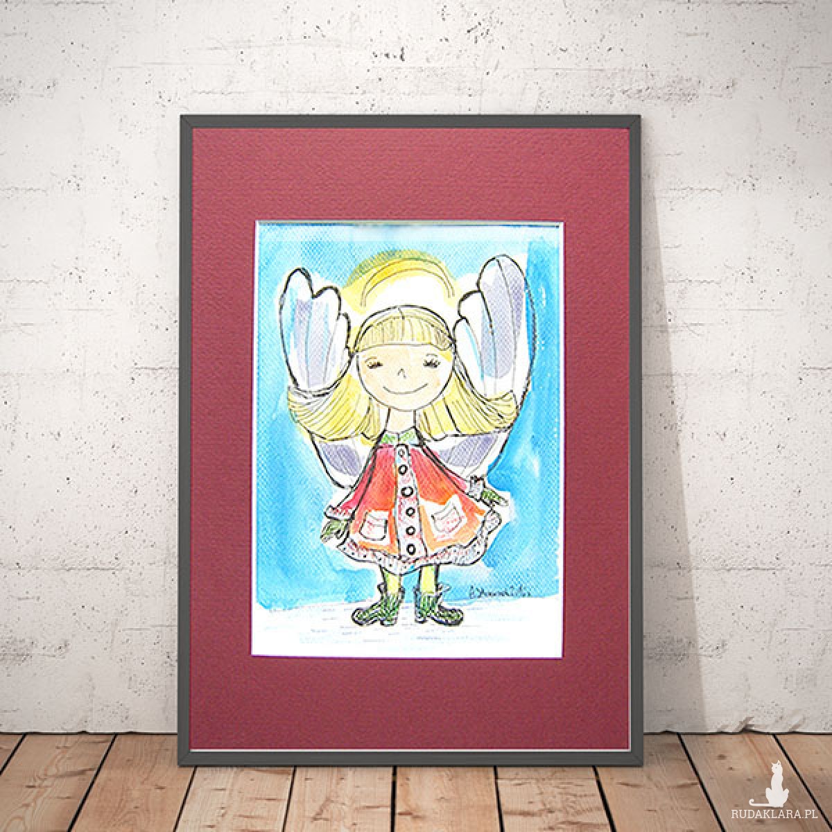 Ładna akwarelka z aniołkiem, obrazek z aniołkiem, ręcznie malowany aniołek, anioł do pokoju dziecka