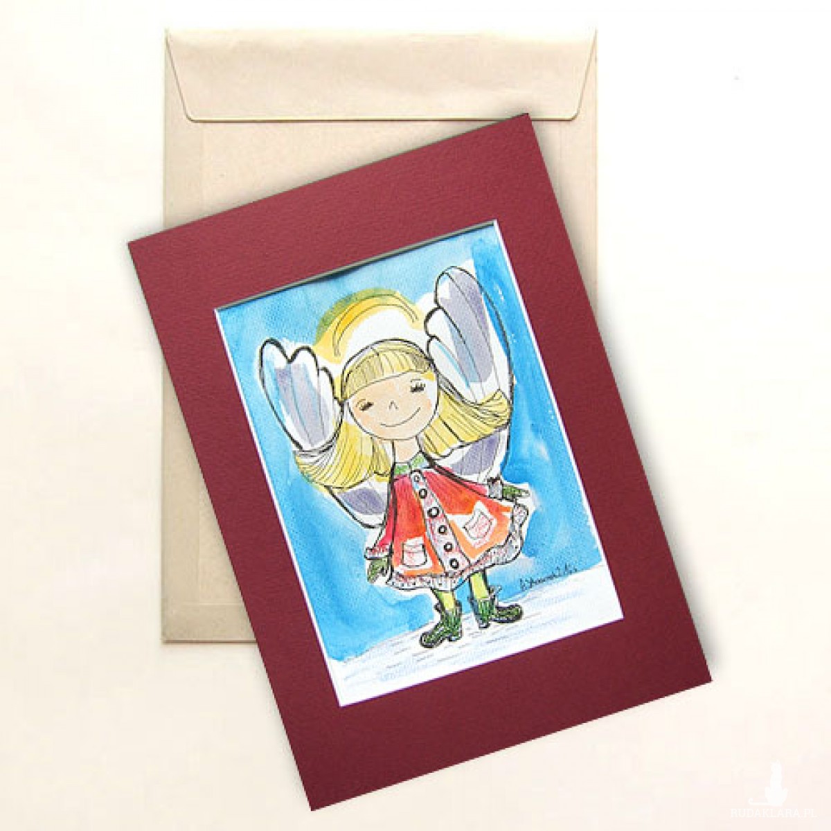 Ładna akwarelka z aniołkiem, obrazek z aniołkiem, ręcznie malowany aniołek, anioł do pokoju dziecka