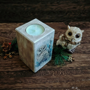 Drewniany świecznik - zima Sowa