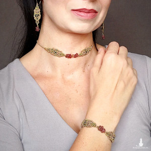 komplet Złota Klatka kryształ górski w makramie naszyjnik bransoletka i lekkie kolczyki bigle Ag 925 Delfina Dolls