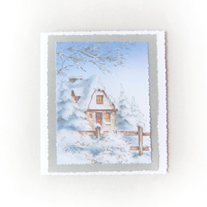 zimowa kartka na Boże Narodzenie, świąteczne kartki dla firm, Boże Narodzenie kartki z zimą, kartki noworoczne, kartki na Nowy Rok, kartka z chatką, kartka z krajobrazem