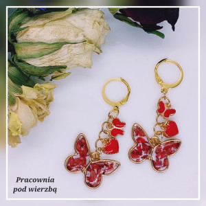 Kolczyki wiszące czerwone motylki żywica stal