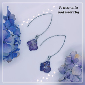 Kolczyki wiszące długie prawdziwe kwiaty hortensji żywica stal