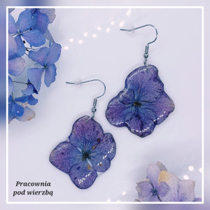 Kolczyki wiszące wyjątkowe prawdziwe duże kwiaty hortensji żywica stal
