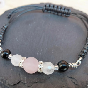 Bransoletka kwarc różowy, kryształ górski, czarny turmalin