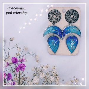 Kolczyki wiszące kosmos księżyc lunula stal ręcznie malowane brokat