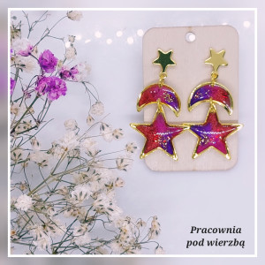 Kolczyki wiszące kosmos księżyc lunula gwiazda stal ręcznie malowane brokat