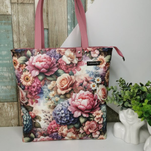 Torebka damska shopper bag torebka na ramię zamykana ekoskóra  - kwiaty