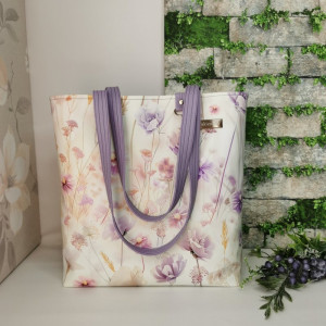 Torebka damska shopper bag torebka na ramię zamykana ekoskóra  - polne kwiaty