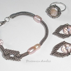 komplet z pierścionkiem perły i kryształy