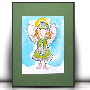 aniołek obraz malowany ręcznie, akwarela dla dziewczynki, obrazek dla nastolatki, rysunek do pokoju dziewczynki, kolorowy rysunek z aniołkiem, aniołek obrazek A4, aniołek akwarela do domu