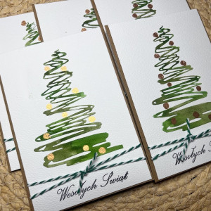 232,zestaw 5 kartek świątecznych z akwarelowymi choinkami