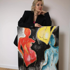 duży obraz ręcznie malowany kolorowy na płótnie trzy kobiety akt