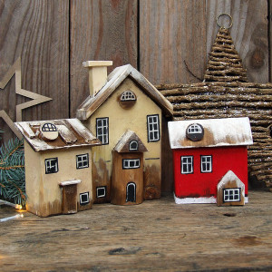 Zestaw Zimowe domki - dekoracje z drewna, świąteczne ozdoby