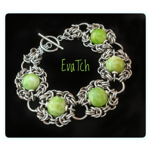 Bransoletka handmade ze stali szlachetnej z jadeitem - technika chainmaille