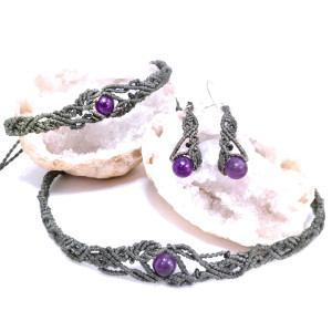 Komplet Fauna ametyst w makramie zielony pleciony komplet mikro makrama