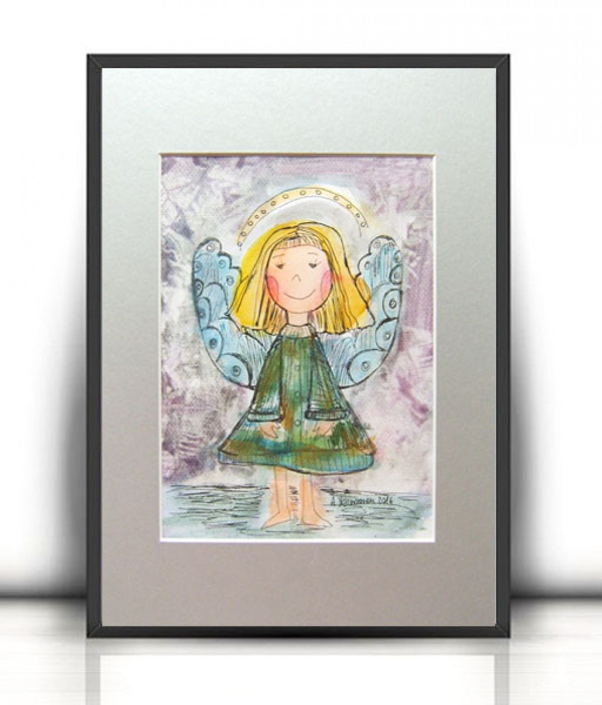obrazek z małym aniołkiem, aniołek na prezent, ładny aniołek do pokoju, akwarela ręcznie malowana