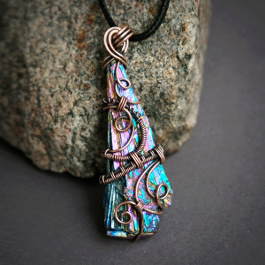 Wisior miedziany naszyjnik kyanit miotełka wire wrapping