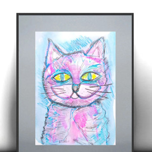 kot obraz ręcznie malowany, kot rysunek 30x40, bajkowy obrazek z kotem, kolorowa grafika do pokoju dziewczynki, akwarela z kotkiem, kotek rysunek A3