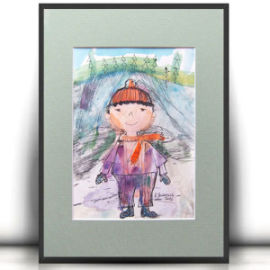 chłopczyk rysunek A4, bajkowy obrazek dla chłopca, ręcznie malowany obraz z chłopcem, chłopczyk akwarela 21x30, kolorowy rysunek do pokoju chłopca, grafika do dziecięcego pokoju