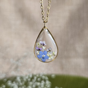 Bukiet kwiatowy łąka Złota zawieszka złoty wisiorek kwiat naszyjnik żywica z żywicy kwiaty łezka łza niezapominajki