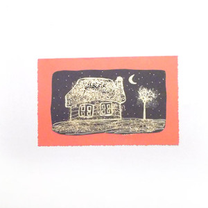 czerwona kartka świąteczna, bajkowa kartka z domkiem, domek kartka na Boże Narodzenie, noworoczne kartki dla firm, dom kartka, kartka z domem, kartki na Nowy Rok